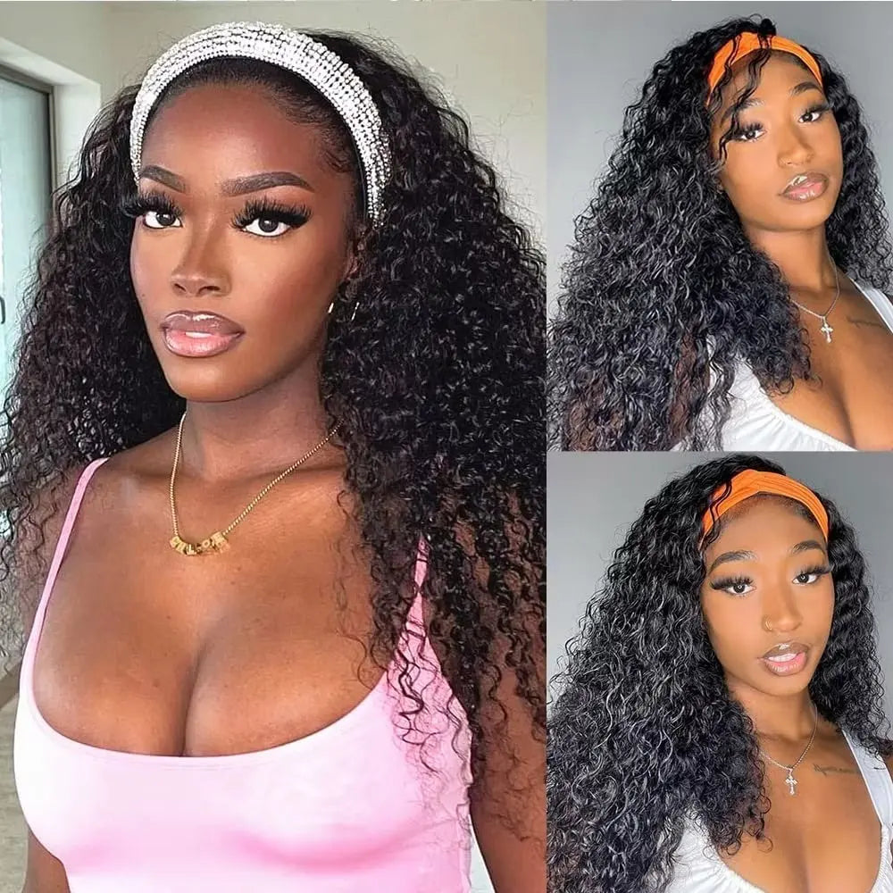 Brazilian Kinky Curly Headband Wigs Wear And Go Glueless Human Hair Wig Full Machine Made Short Bob Curly Wigs For Women 180%