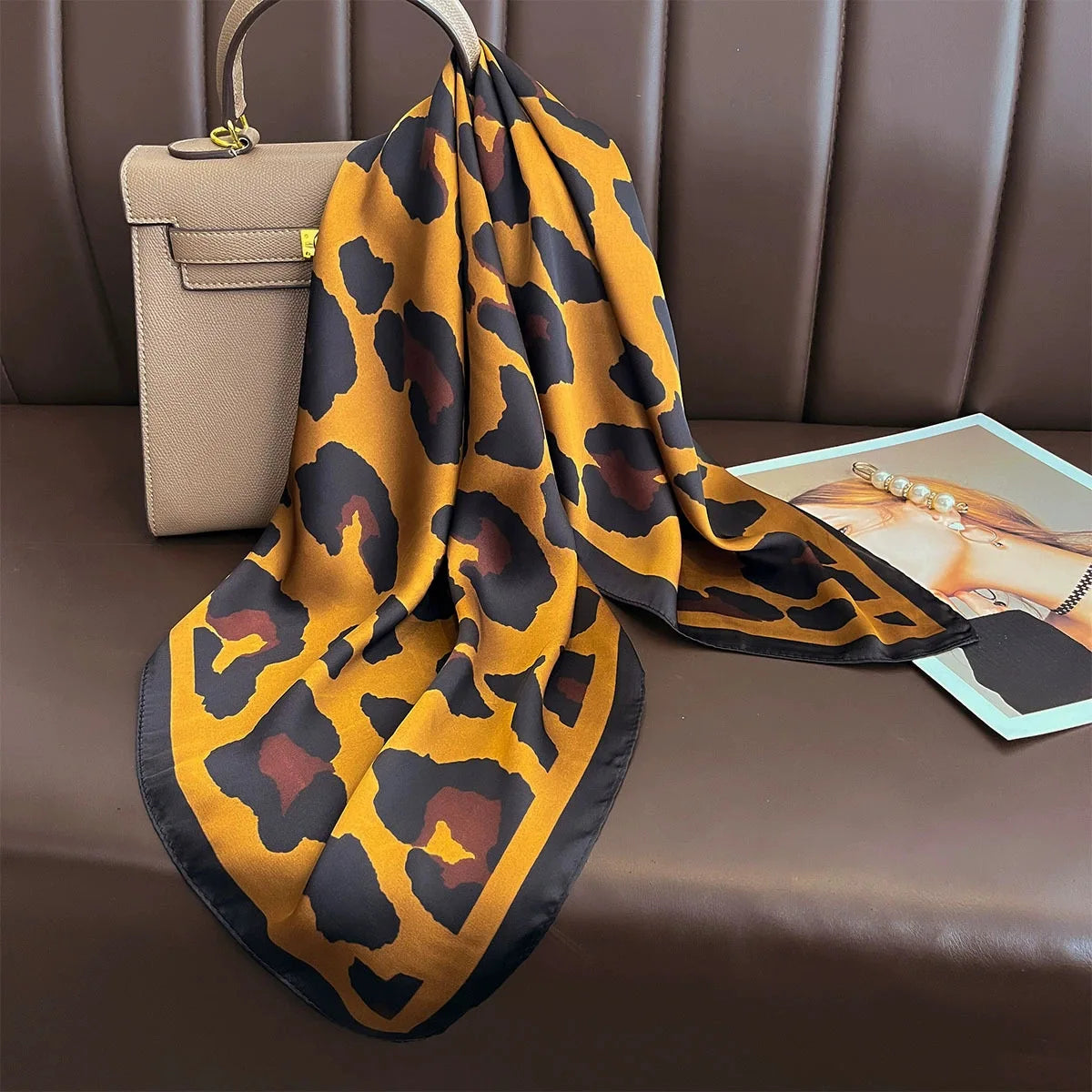 70cm Leopard Print Silk Scarf for Women Imitation Silk Scarfs Fashionable and Versatile Headwear Clothing Square Scarf