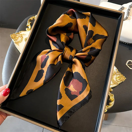 70cm Leopard Print Silk Scarf for Women Imitation Silk Scarfs Fashionable and Versatile Headwear Clothing Square Scarf