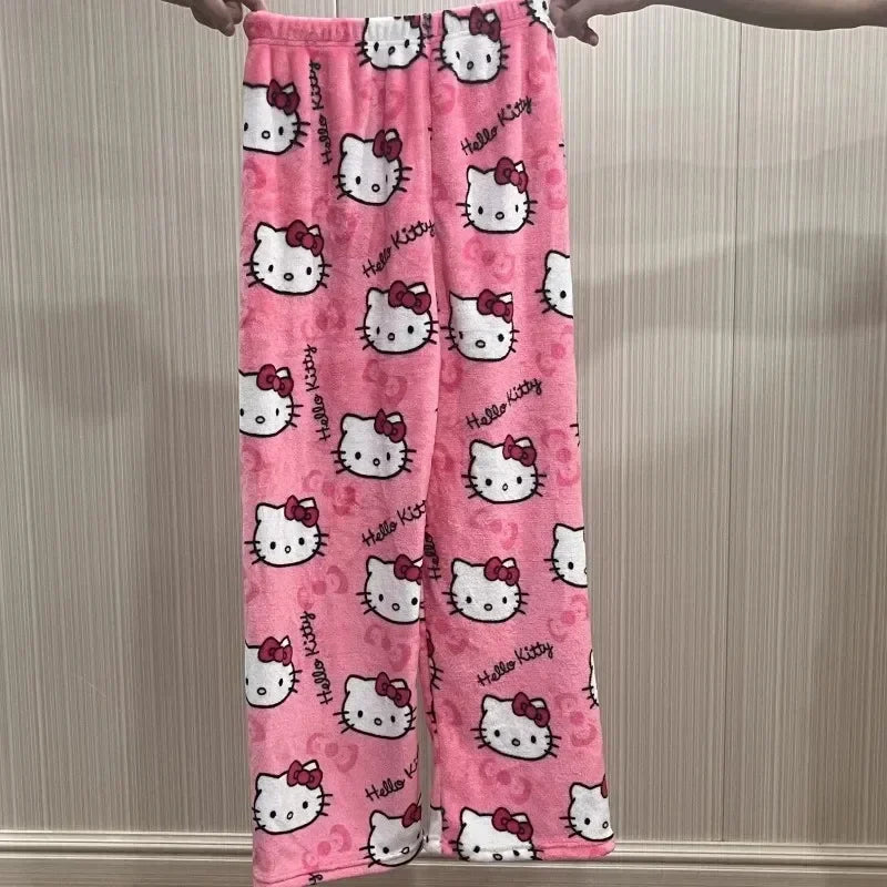 2024 Sanrio Hello Kitty Pajamas Halloween Flannel Fashion Trouserswomen Kawaii Woolen Anime Cartoon Casual Home Pants Autumn