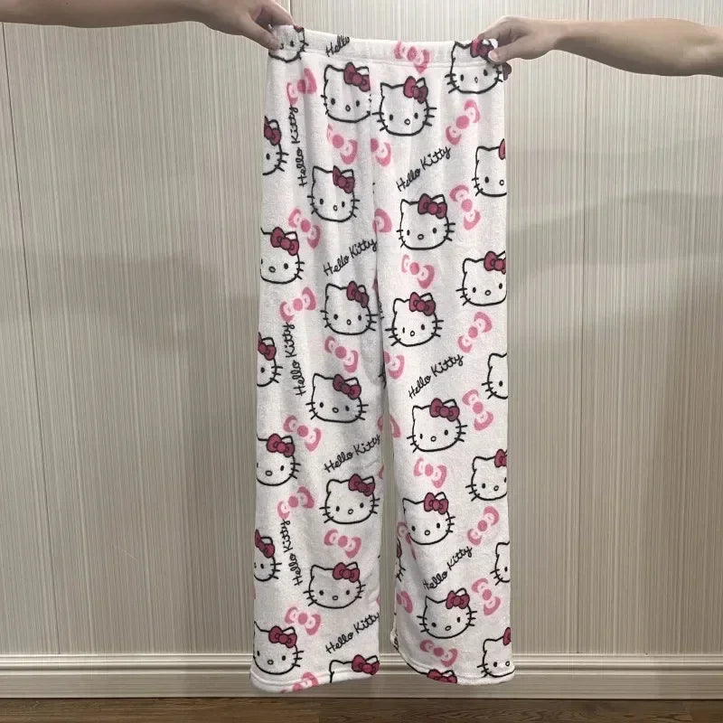2024 Sanrio Hello Kitty Pajamas Halloween Flannel Fashion Trouserswomen Kawaii Woolen Anime Cartoon Casual Home Pants Autumn