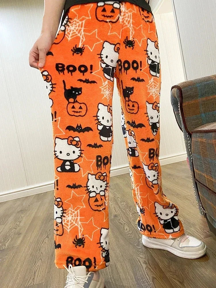 2024 Sanrio Hello Kitty Pajamas Halloween Flannel Fashion Trouserswomen Kawaii Woolen Anime Cartoon Casual Home Pants Autumn