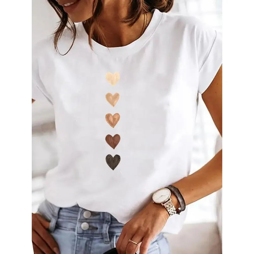 Y2k Love Heart Print Women Summer T Shirt Girl O Neck Funny Y2K Tops Tee Female 90s Casual Clothing