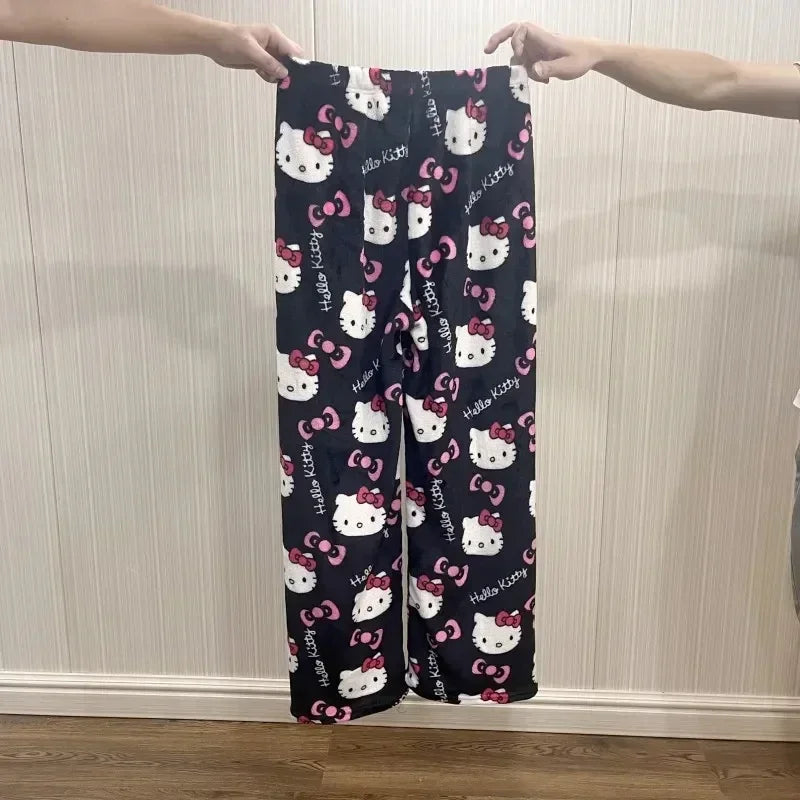 2024 Sanrio Hello Kitty Pajamas Halloween Flannel Fashion Trouserswomen Kawaii Woolen Anime Cartoon Casual Home Pants Autumn